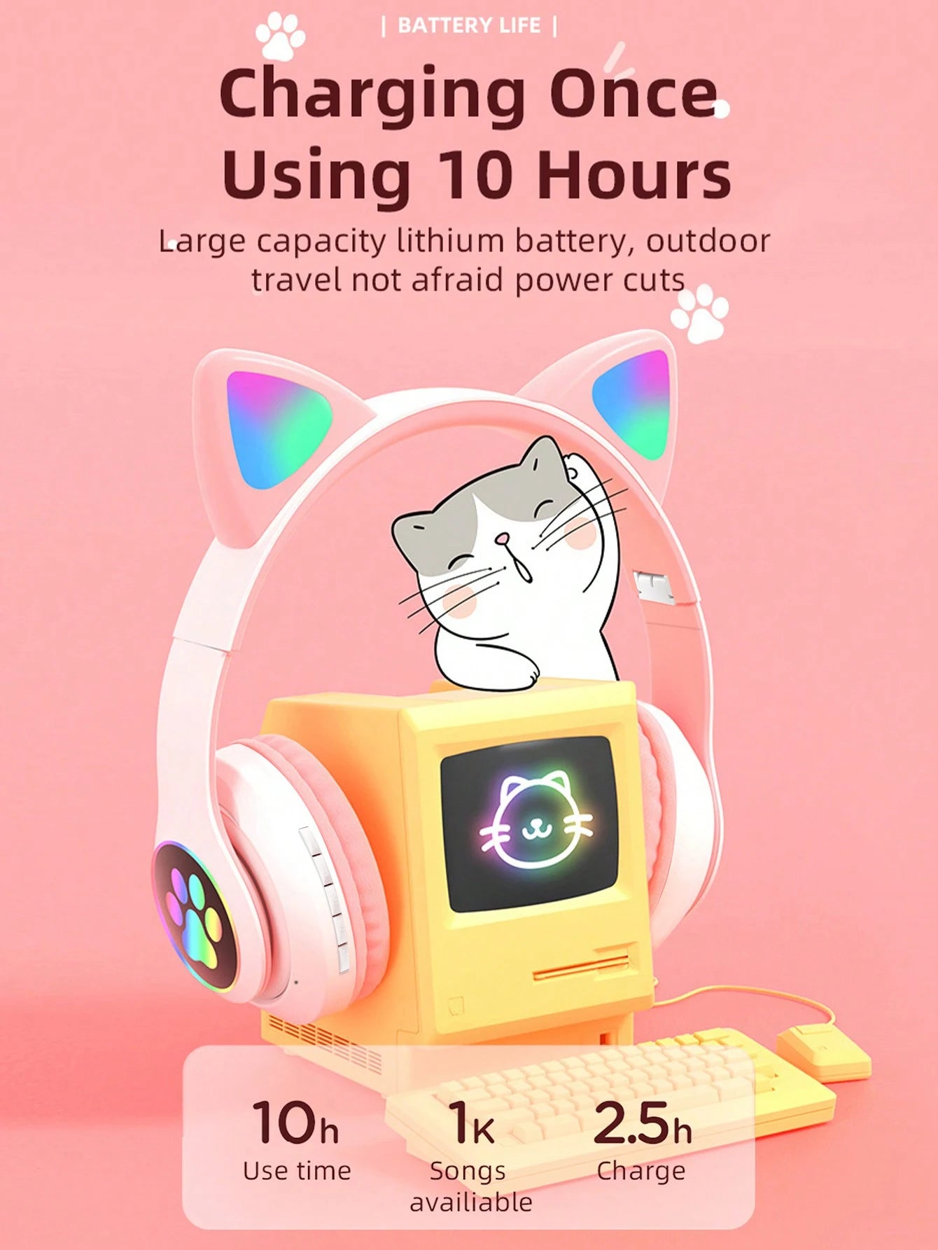 Cat Ear Bluetooth Headphones, LED Light Wireless Gaming Headset, Long Battery Life, TF Card, HD Mic, Over-Ear Headphones