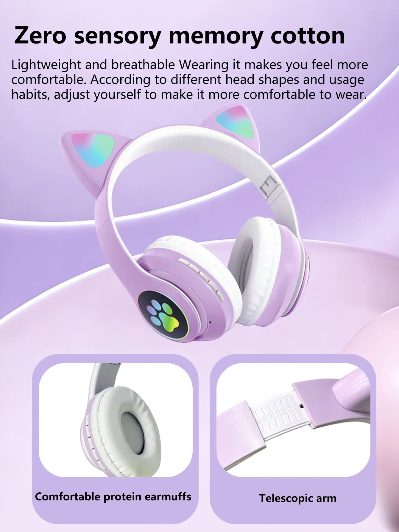 Cat Ear Bluetooth Headphones, LED Light Wireless Gaming Headset, Long Battery Life, TF Card, HD Mic, Over-Ear Headphones